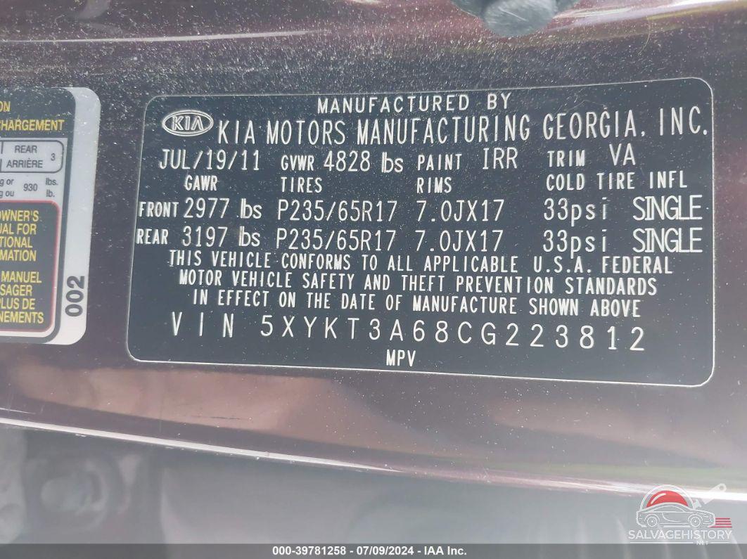 5XYKT3A68CG223812 2012 KIA SORENTO photo no. 9