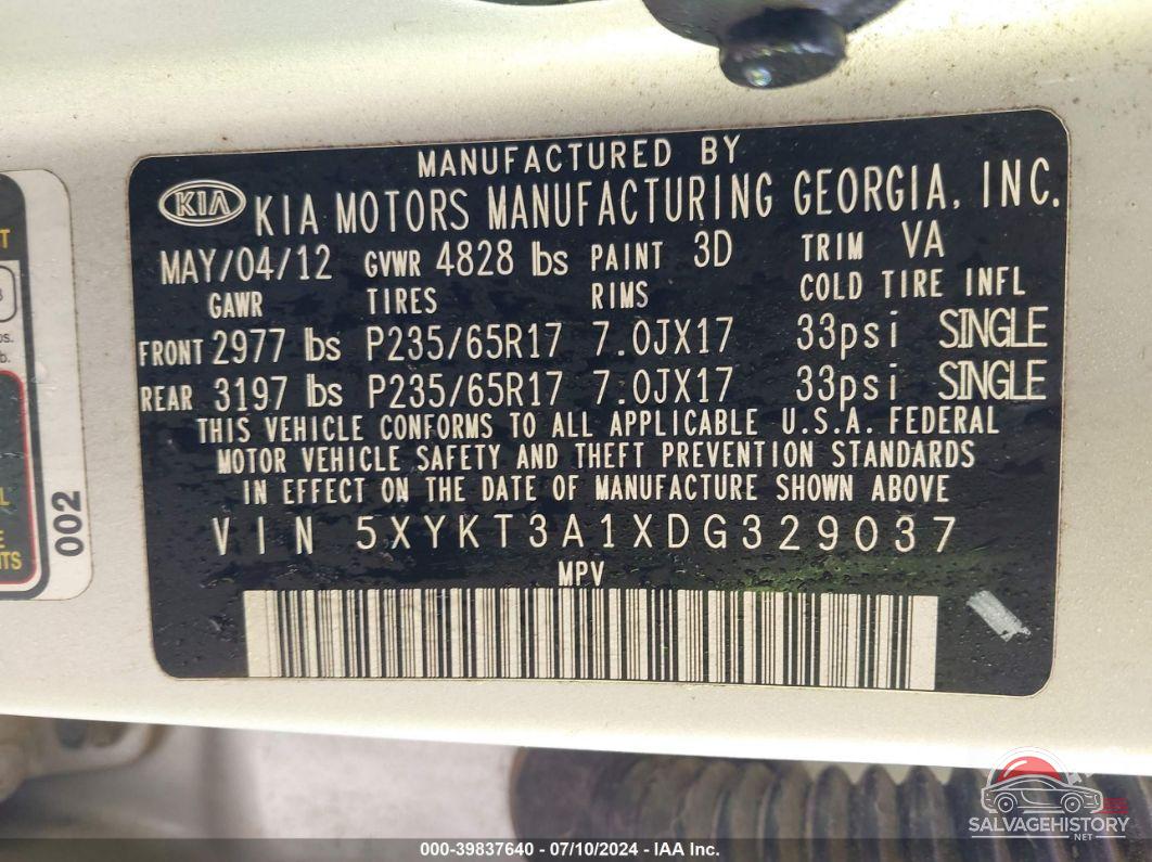 5XYKT3A1XDG329037 2013 KIA SORENTO photo no. 9
