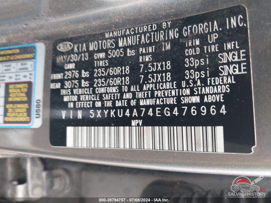 5XYKU4A74EG476964 2014 KIA SORENTO photo no. 9