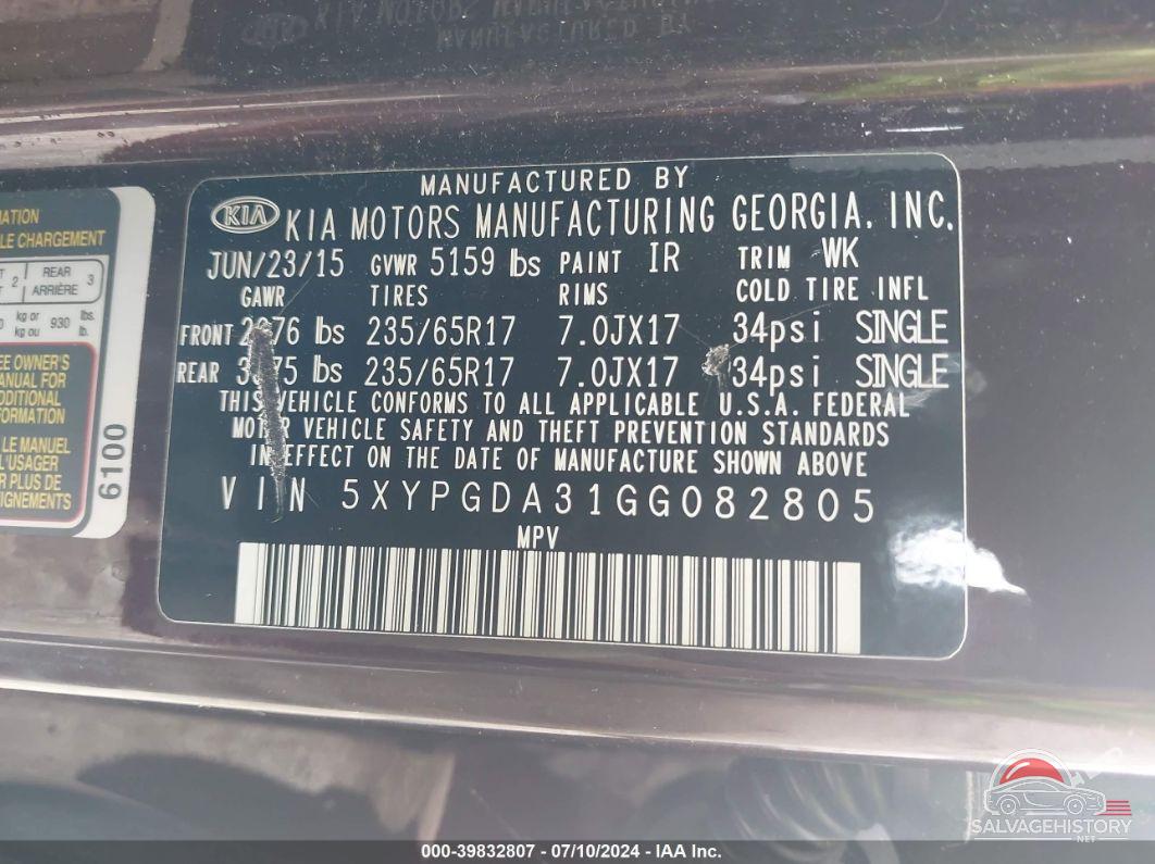 5XYPGDA31GG082805 2016 KIA SORENTO photo no. 9