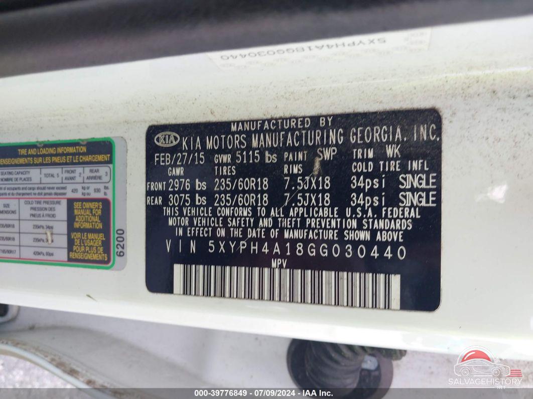 5XYPH4A18GG030440 2016 KIA SORENTO photo no. 9