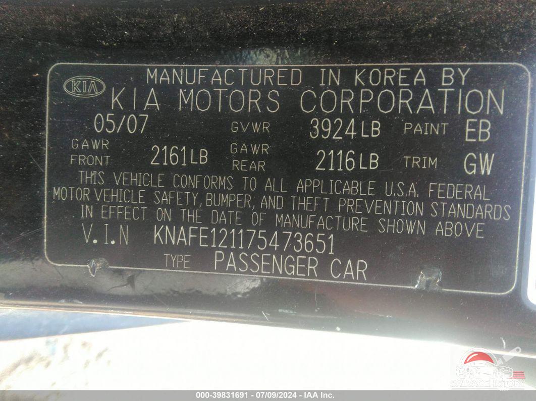 KNAFE121175473651 2007 KIA SPECTRA photo no. 9