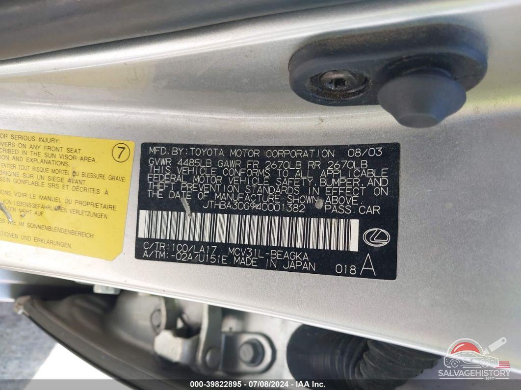 JTHBA30G940001382 2004 LEXUS ES 330 photo no. 9