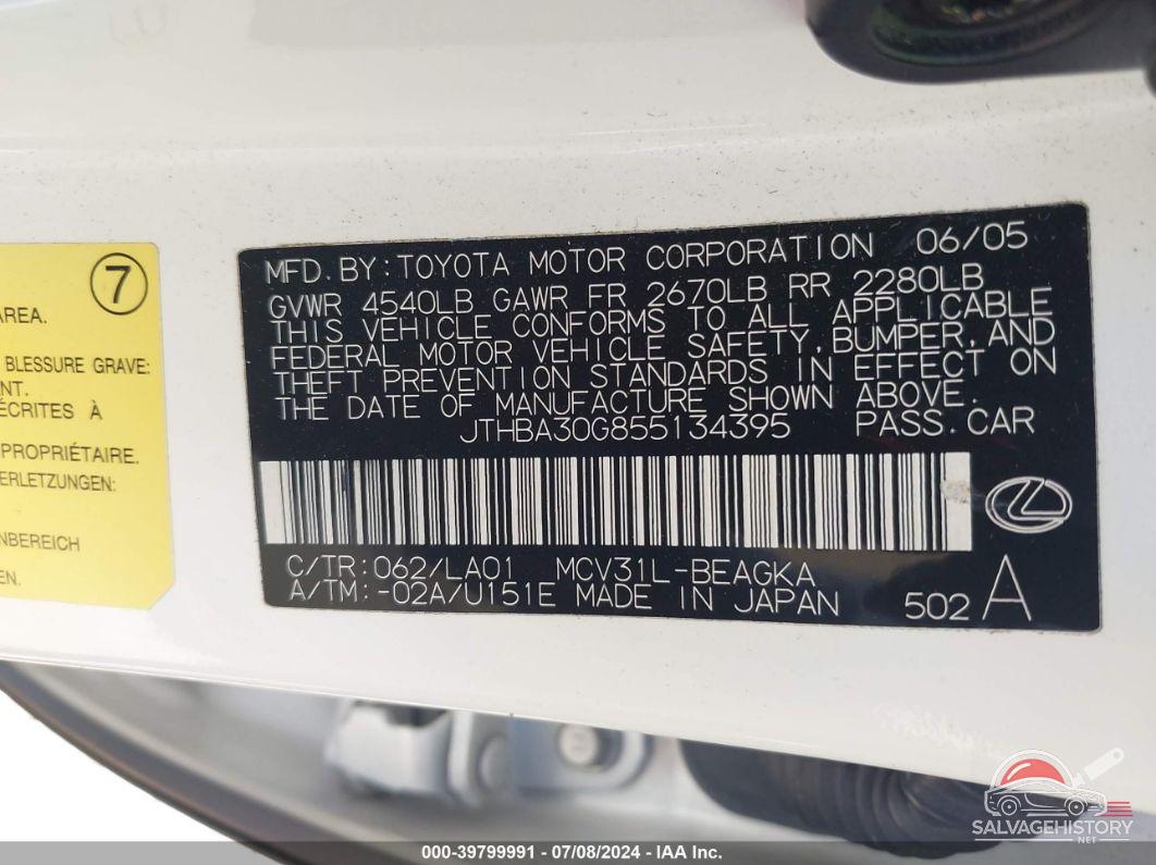 JTHBA30G855134395 2005 LEXUS ES 330 photo no. 9