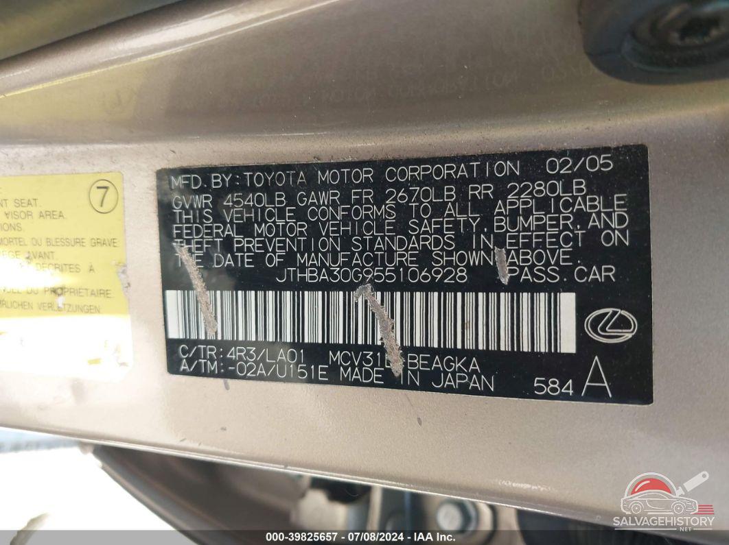 JTHBA30G955106928 2005 LEXUS ES 330 photo no. 9