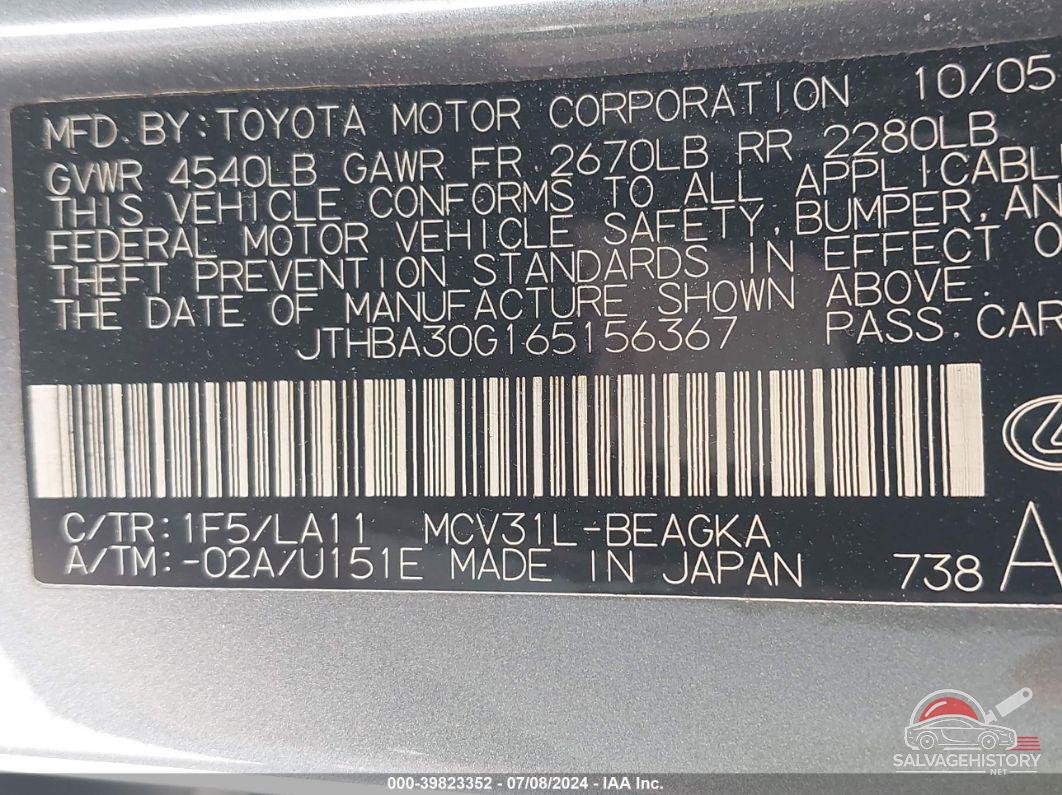 JTHBA30G165156367 2006 LEXUS ES 330 photo no. 9