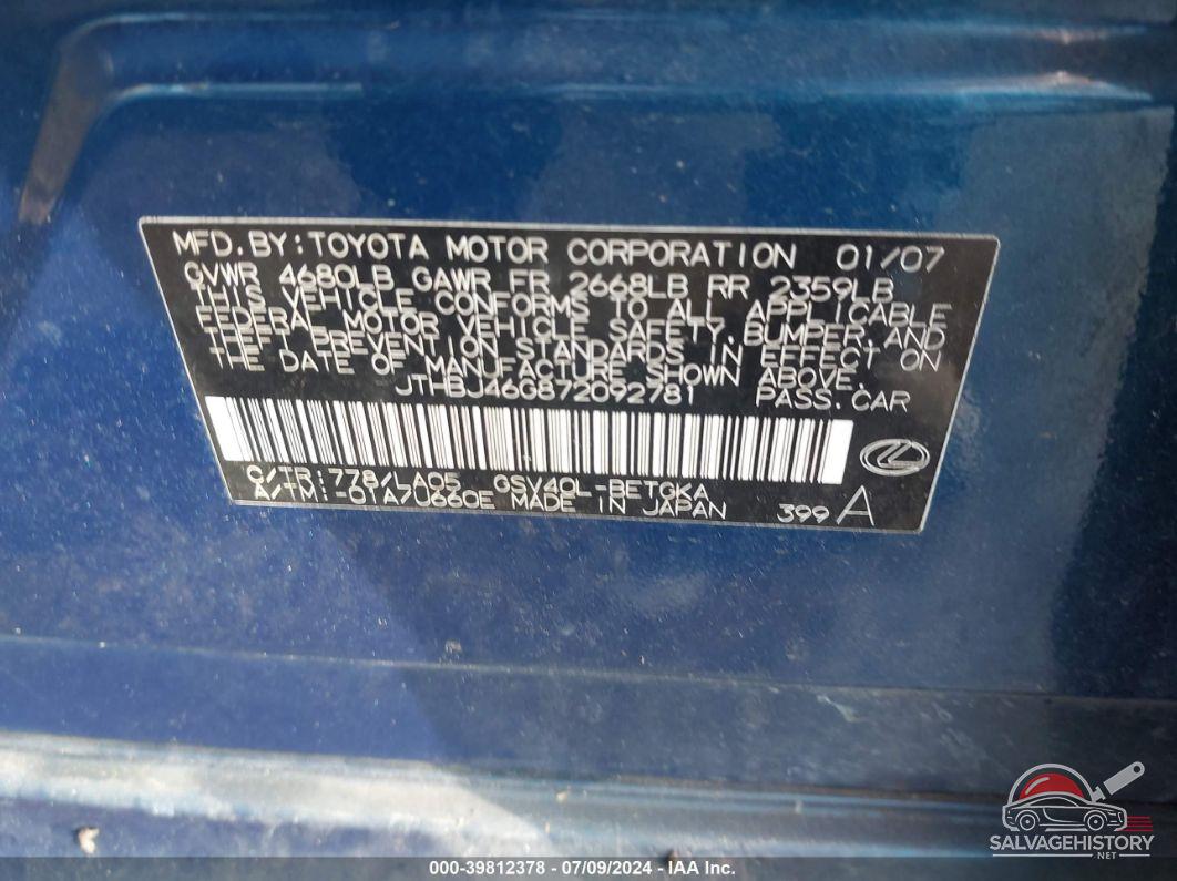 JTHBJ46G872092781 2007 LEXUS ES 350 photo no. 9