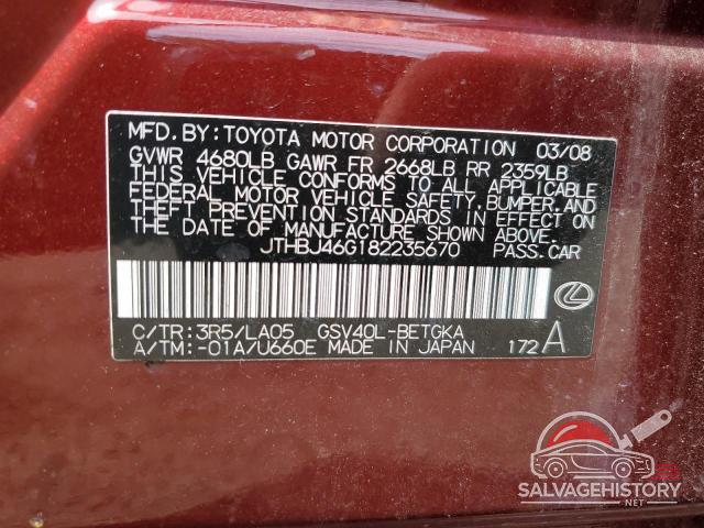 JTHBJ46G182235670 2008 LEXUS ES350 photo no. 13
