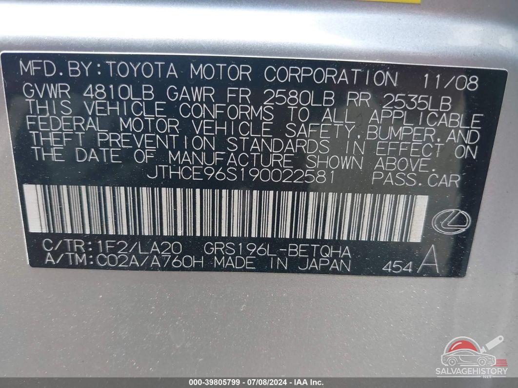 JTHCE96S190022581 2009 LEXUS GS 350 photo no. 9