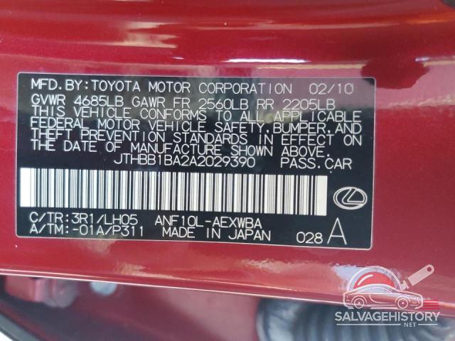 JTHBB1BA2A2029390 2010 LEXUS HS photo no. 13