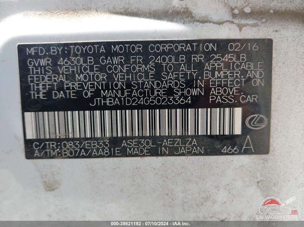 JTHBA1D24G5023364 2016 LEXUS IS 200T photo no. 9