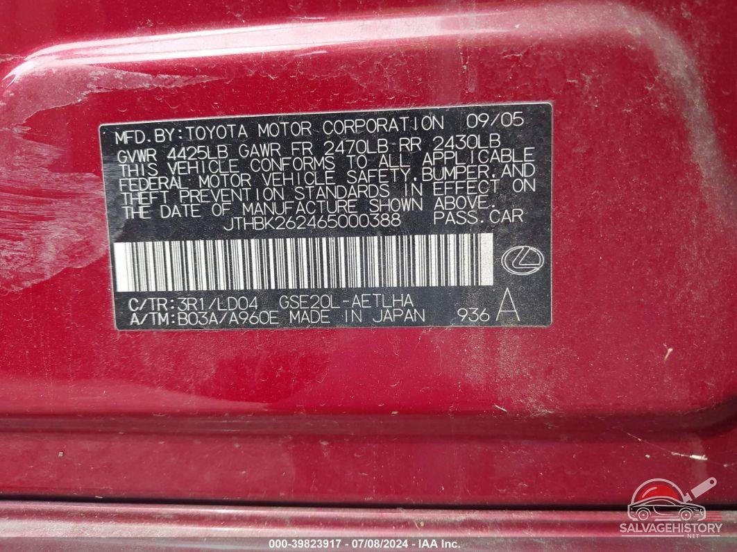 JTHBK262465000388 2006 LEXUS IS 250 photo no. 9