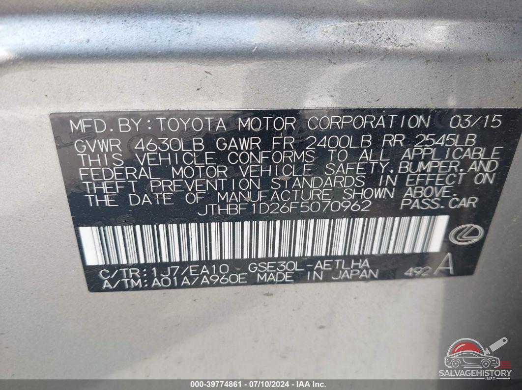 JTHBF1D26F5070962 2015 LEXUS IS 250 photo no. 9