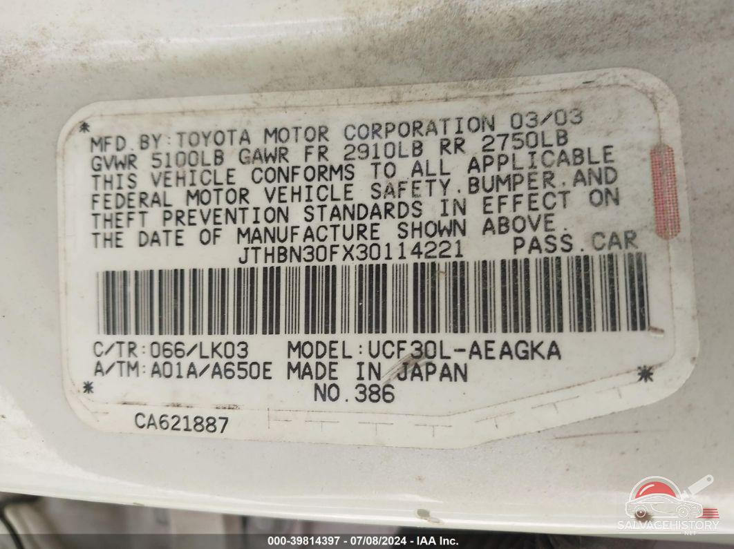 JTHBN30FX30114221 2003 LEXUS LS 430 photo no. 9