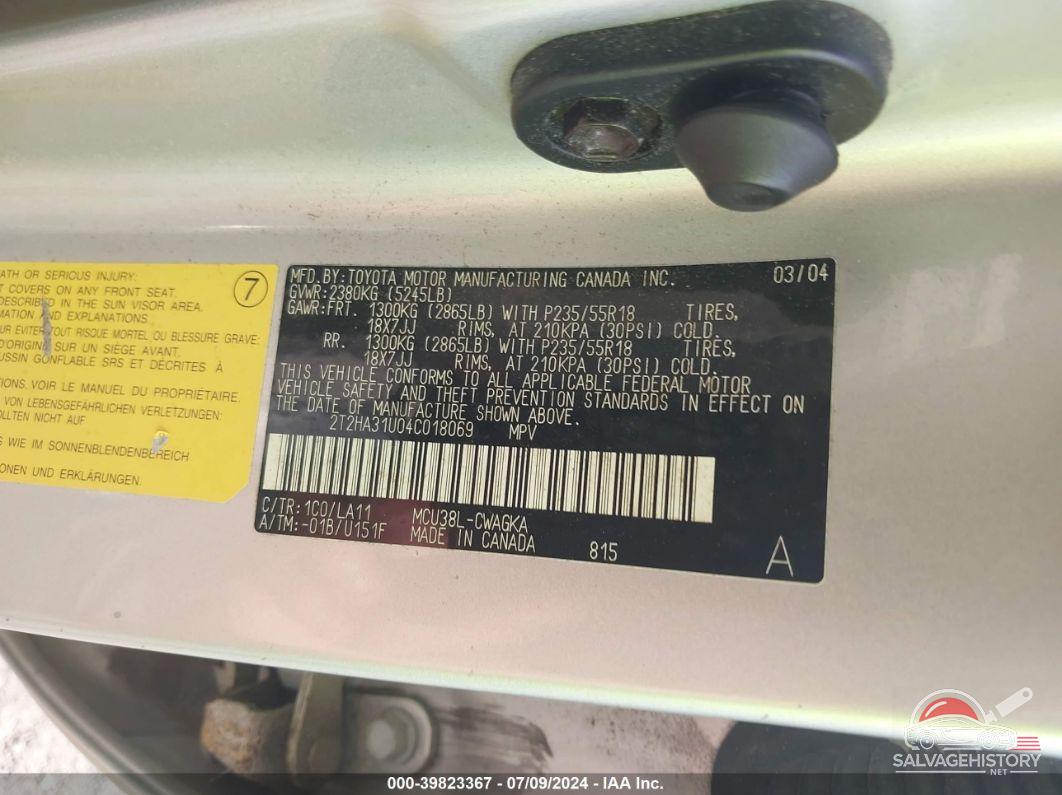 2T2HA31U04C018069 2004 LEXUS RX 330 photo no. 9