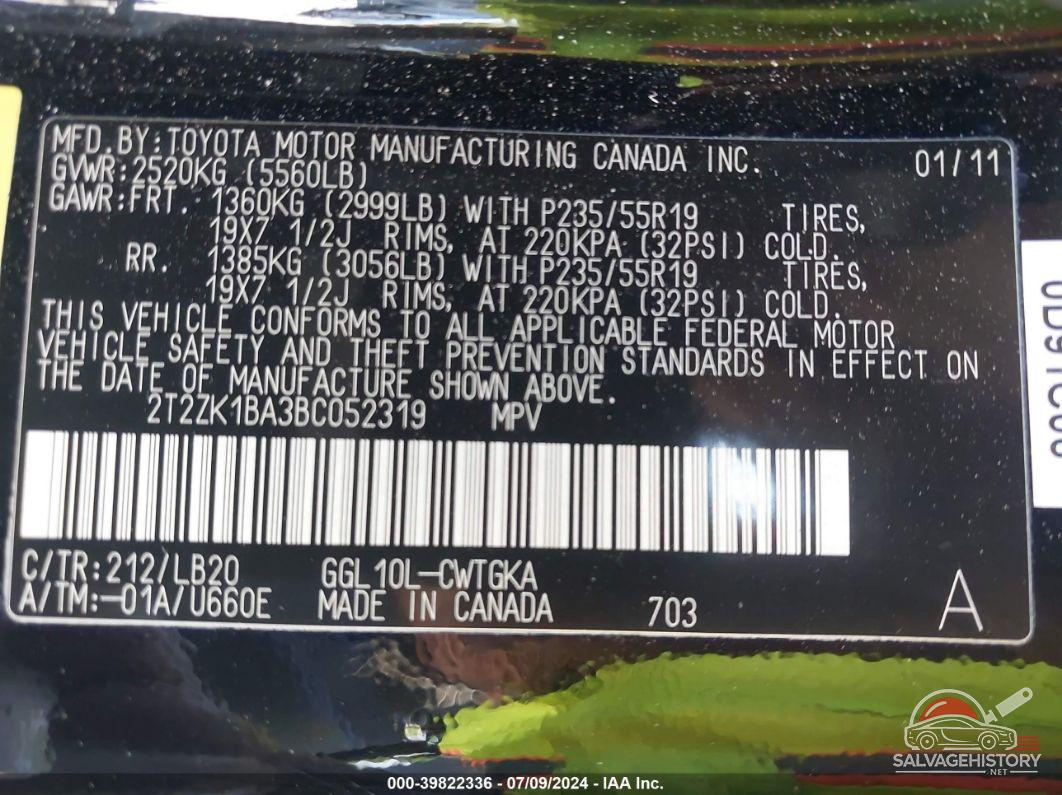 2T2ZK1BA3BC052319 2011 LEXUS RX 350 photo no. 9