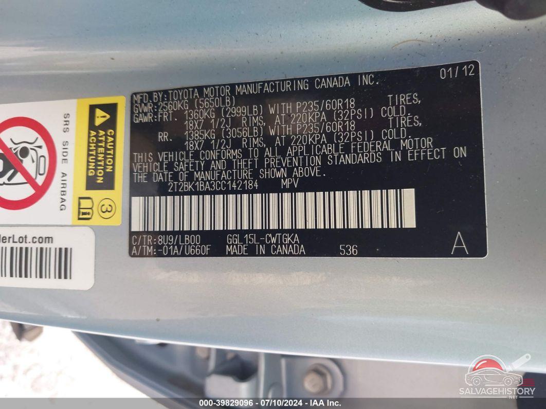 2T2BK1BA3CC142184 2012 LEXUS RX 350 photo no. 9