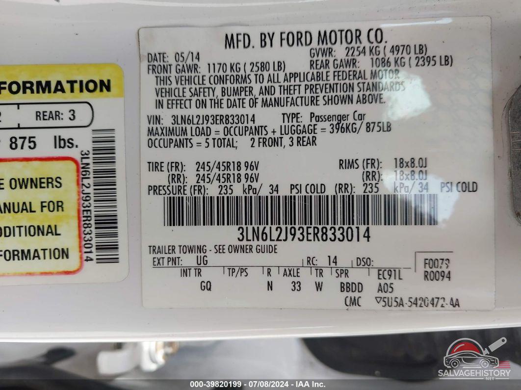 3LN6L2J93ER833014 2014 LINCOLN MKZ photo no. 9