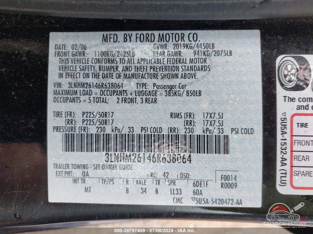 3LNHM26146R638064 2006 LINCOLN ZEPHYR photo no. 9