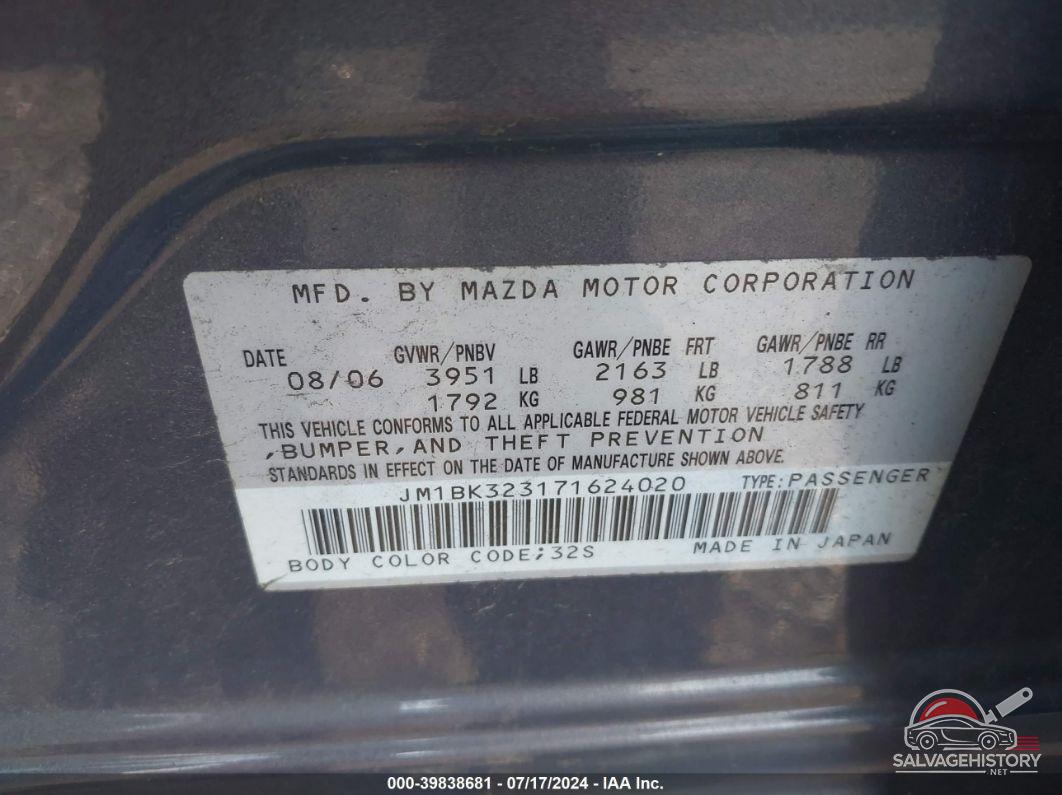 JM1BK323171624020 2007 MAZDA 3 photo no. 9
