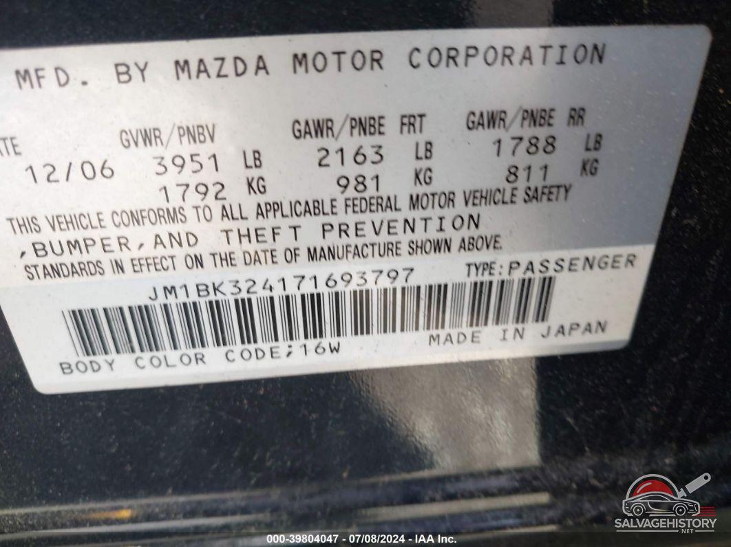JM1BK324171693797 2007 MAZDA MAZDA3 photo no. 9