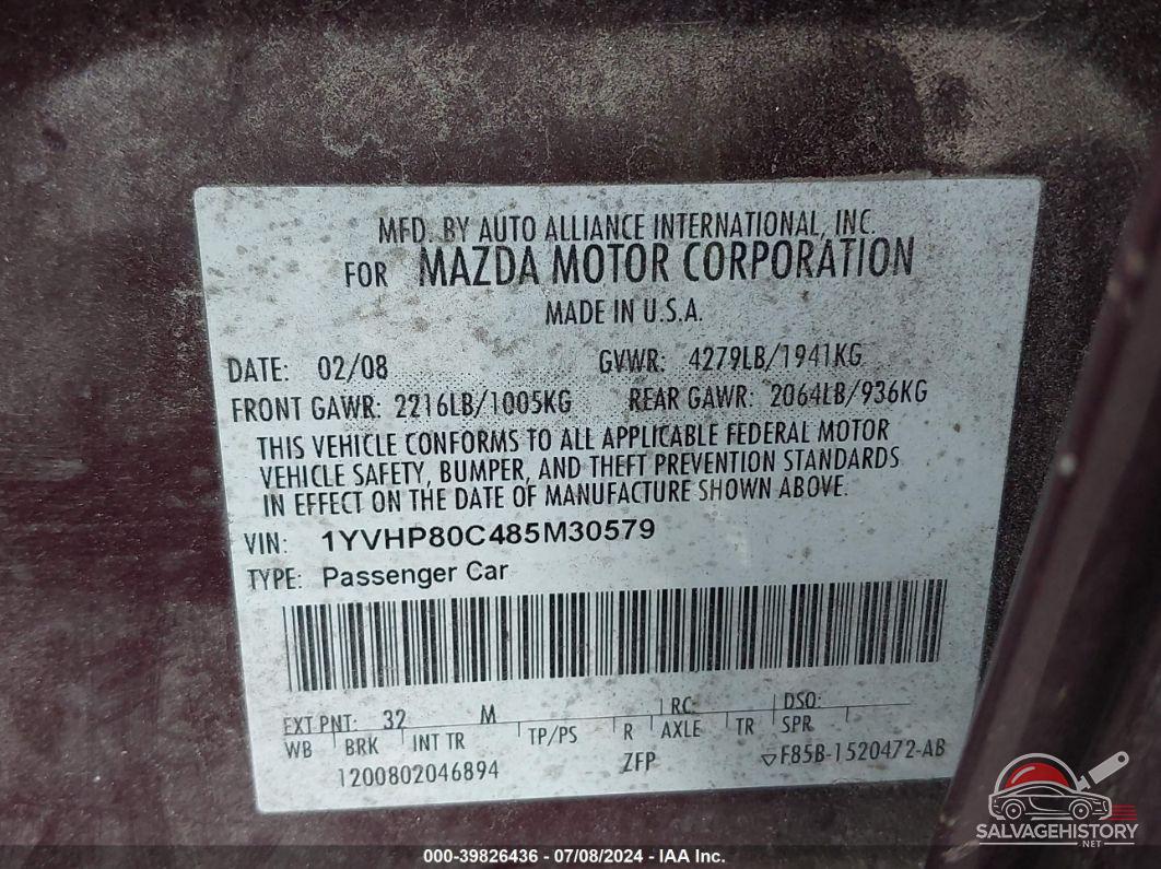 1YVHP80C485M30579 2008 MAZDA MAZDA6 photo no. 9