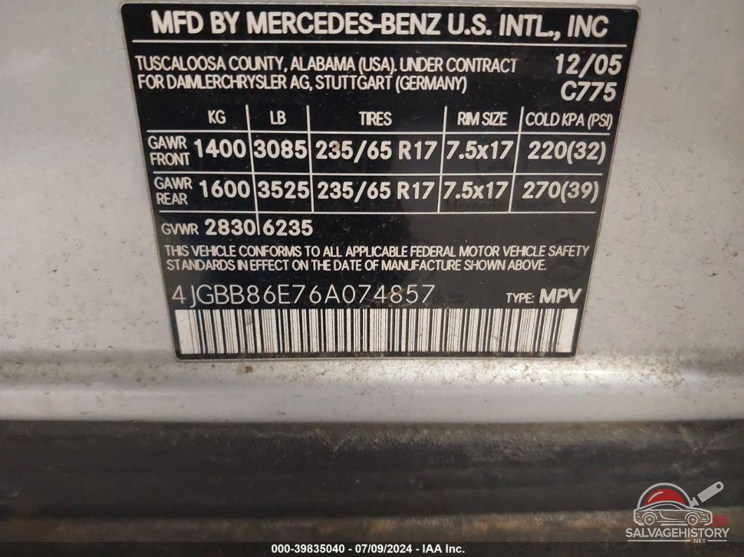 4JGBB86E76A074857 2006 MERCEDES-BENZ ML 350 photo no. 9
