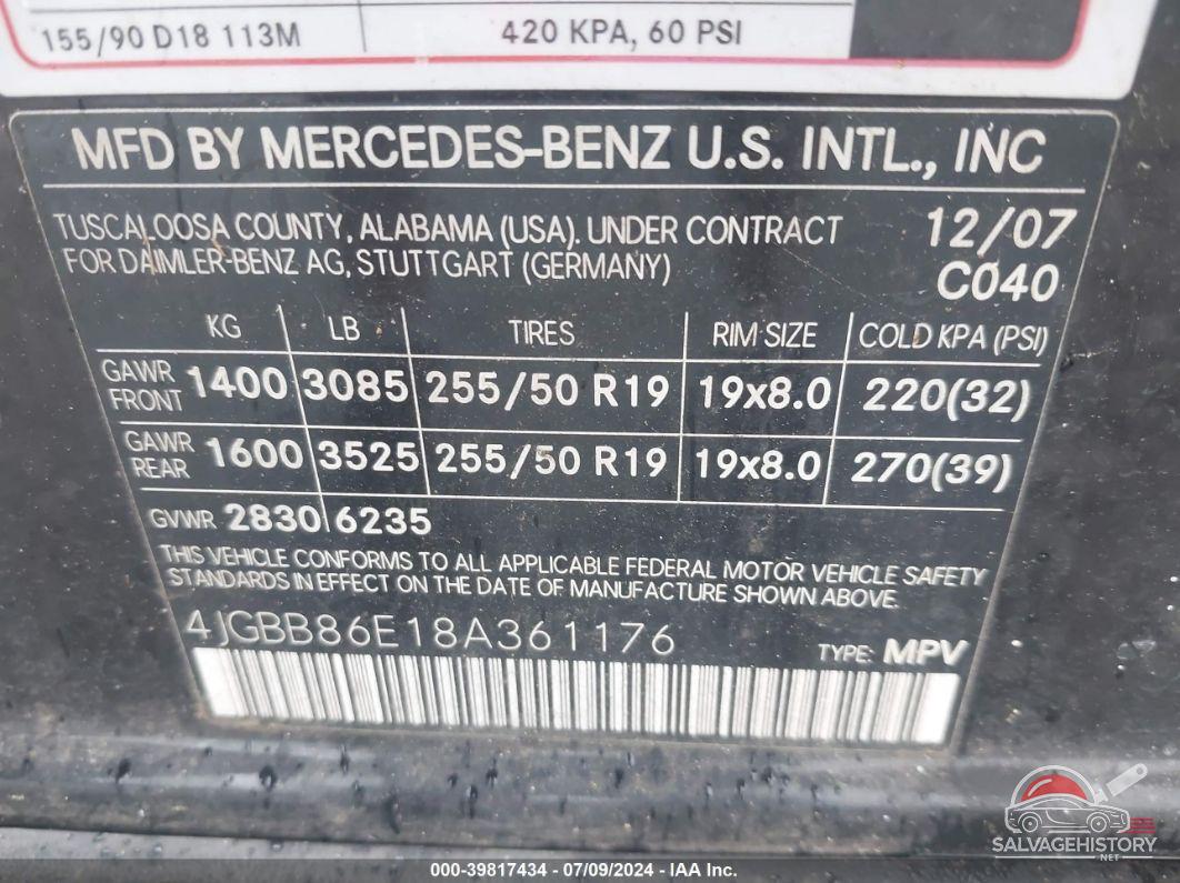 4JGBB86E18A361176 2008 MERCEDES-BENZ ML 350 photo no. 9