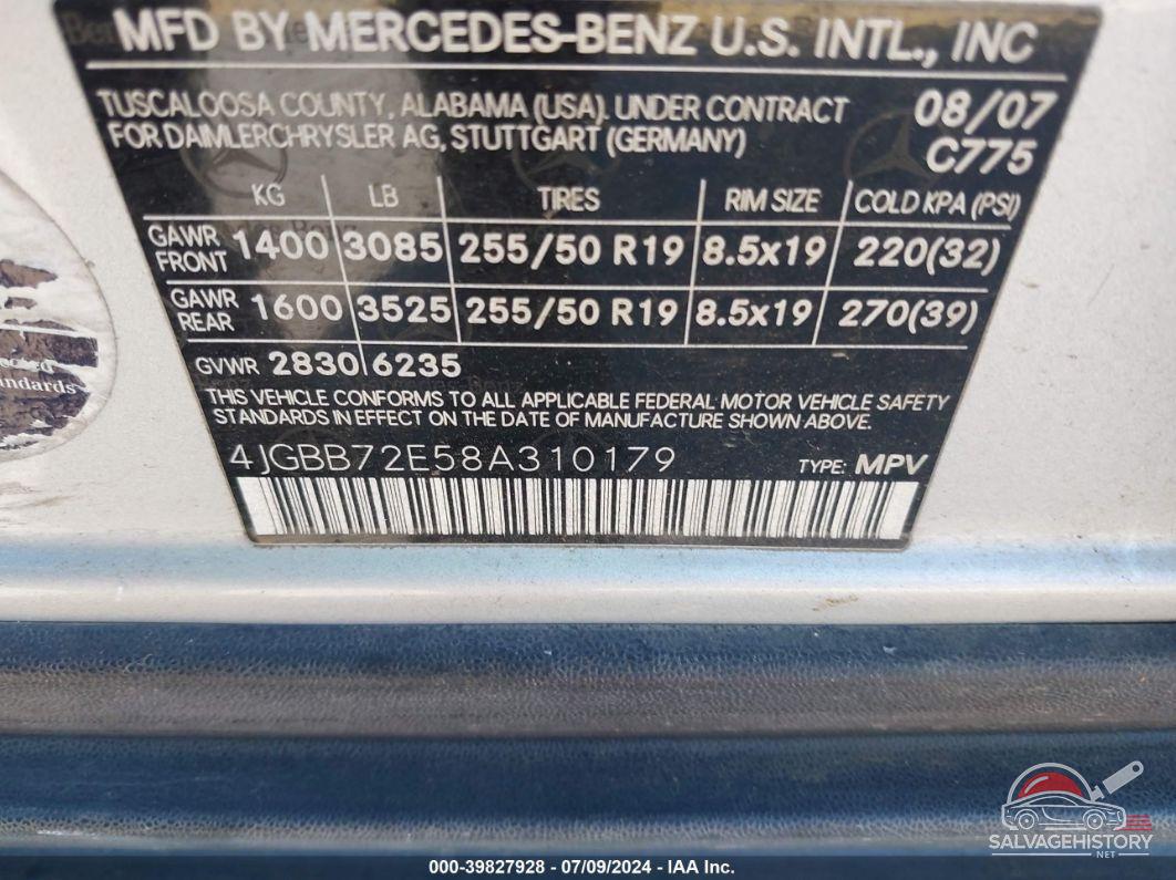 4JGBB72E58A310179 2008 MERCEDES-BENZ ML 550 photo no. 9