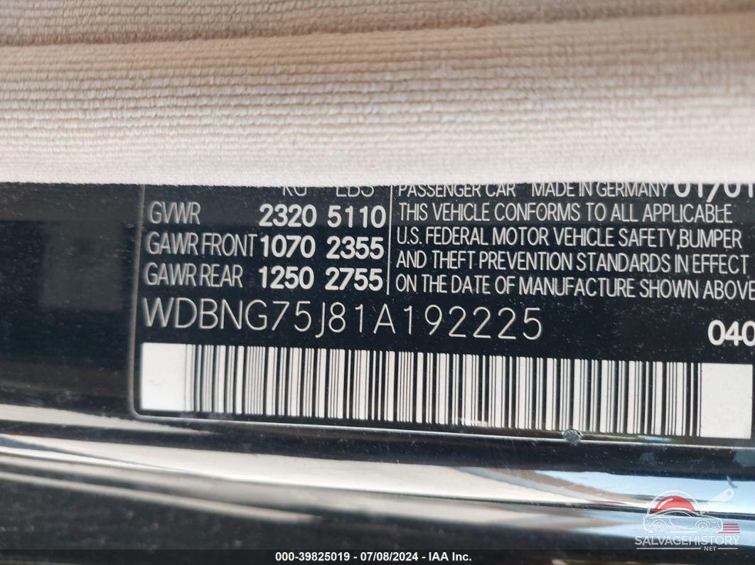 WDBNG75J81A192225 2001 MERCEDES-BENZ S 500 photo no. 9