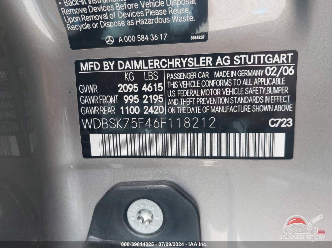 WDBSK75F46F118212 2006 MERCEDES-BENZ SL photo no. 9