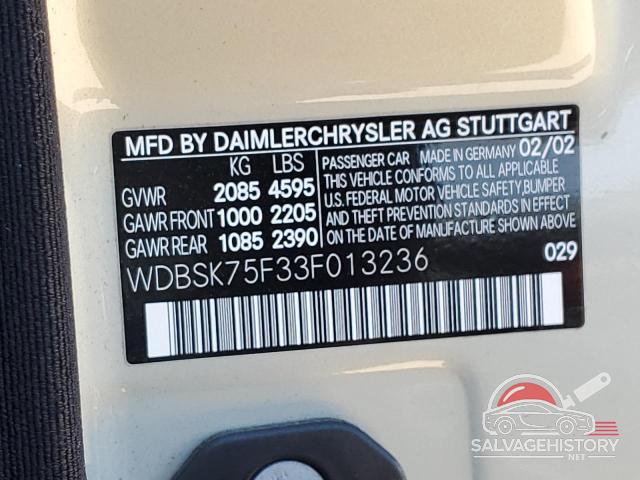 WDBSK75F33F013236 2003 MERCEDES-BENZ SL-CLASS photo no. 12