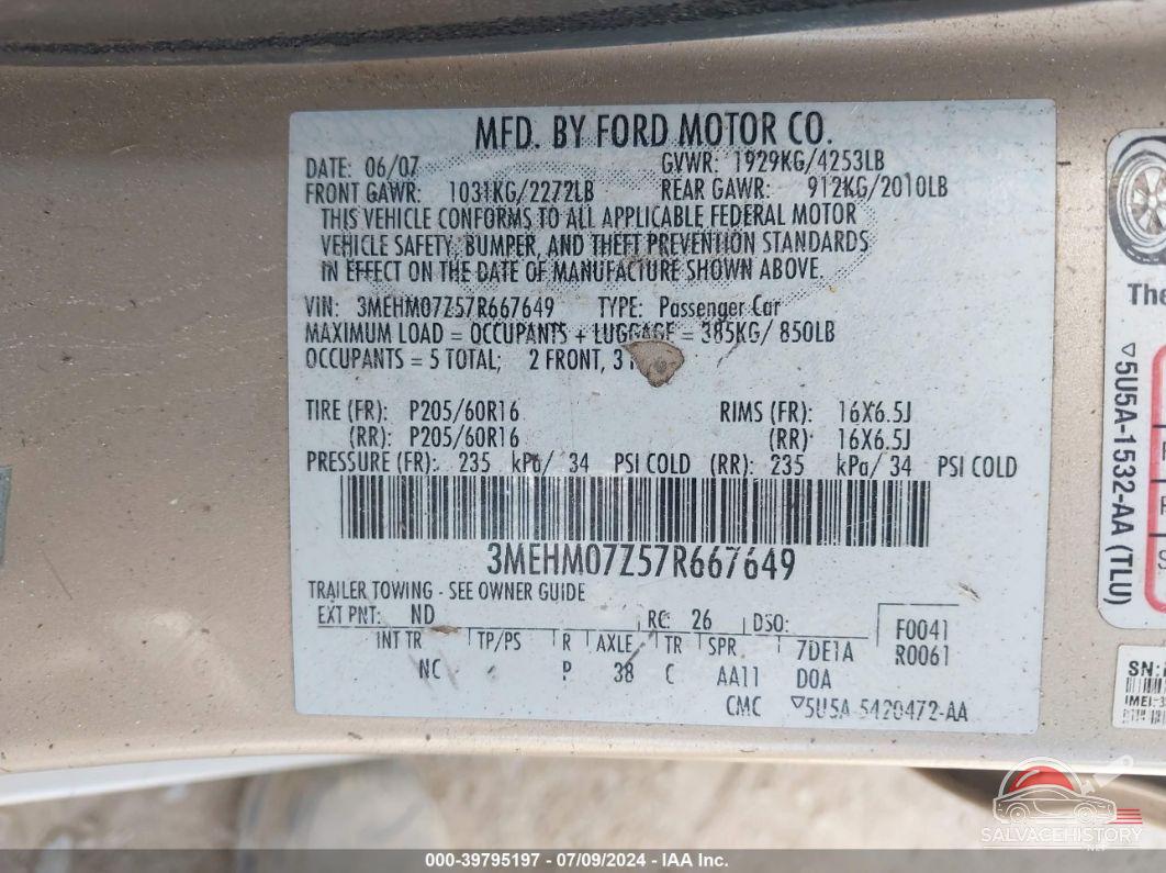 3MEHM07Z57R667649 2007 MERCURY MILAN photo no. 9