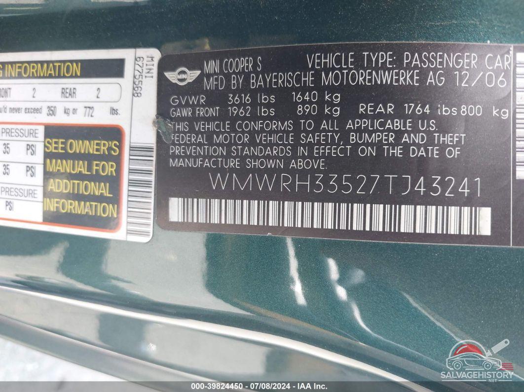 WMWRH33527TJ43241 2007 MINI COOPER S photo no. 9