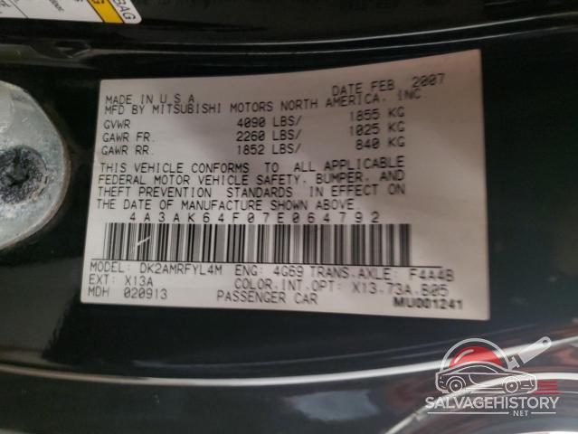 4A3AK64F07E064792 2007 MITSUBISHI ECLIPSE photo no. 12