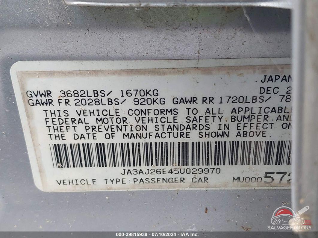 JA3AJ26E45U029970 2005 MITSUBISHI LANCER photo no. 9