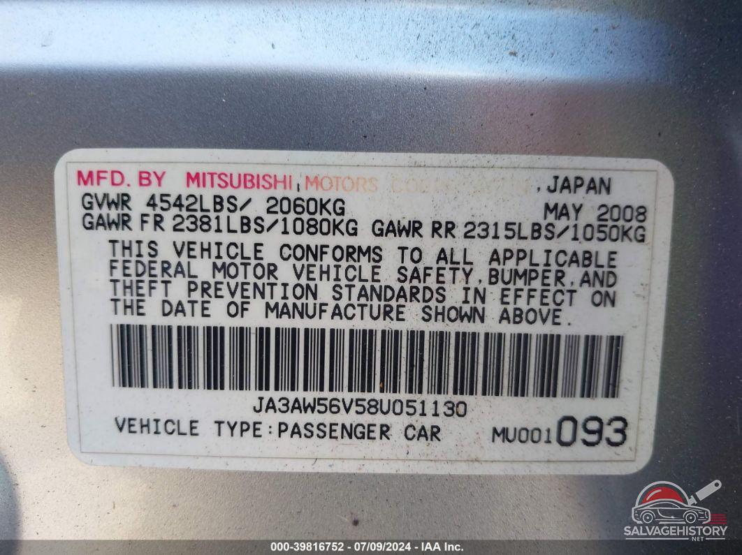 JA3AW56V58U051130 2008 MITSUBISHI LANCER EVOLUTION photo no. 9