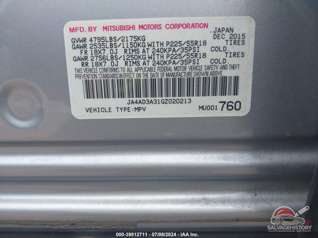 JA4AD3A31GZ020213 2016 MITSUBISHI OUTLANDER photo no. 9