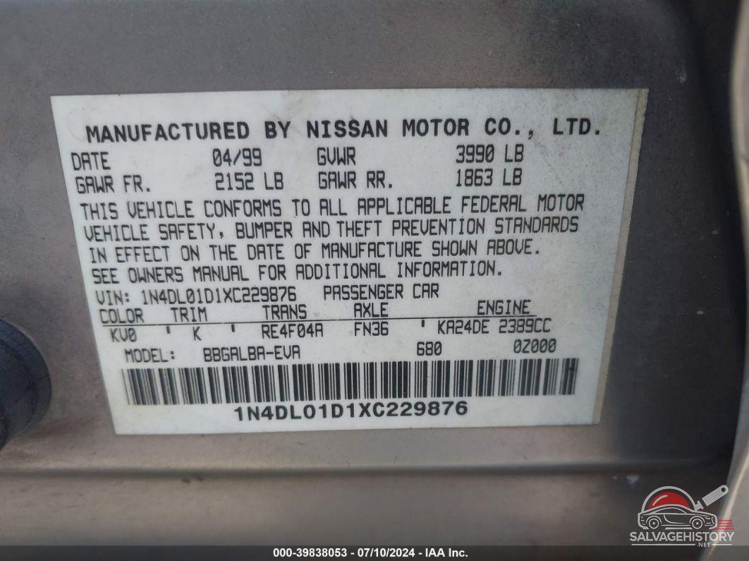 1N4DL01D1XC229876 1999 NISSAN ALTIMA photo no. 9