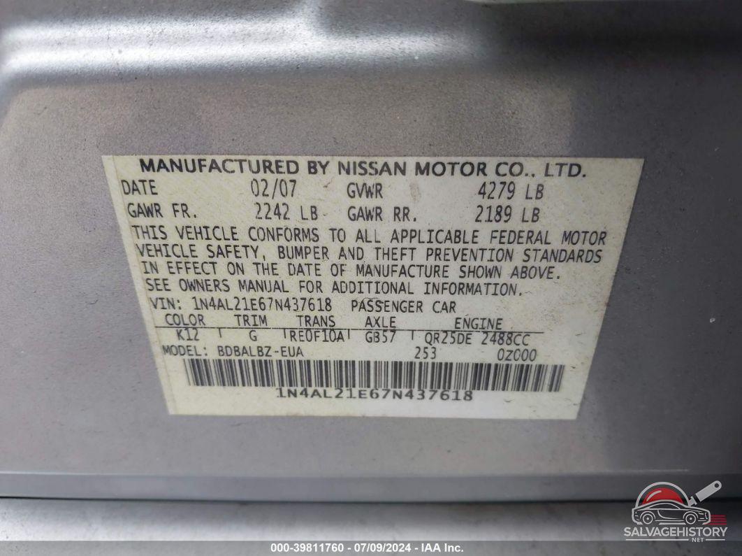 1N4AL21E67N437618 2007 NISSAN ALTIMA photo no. 9
