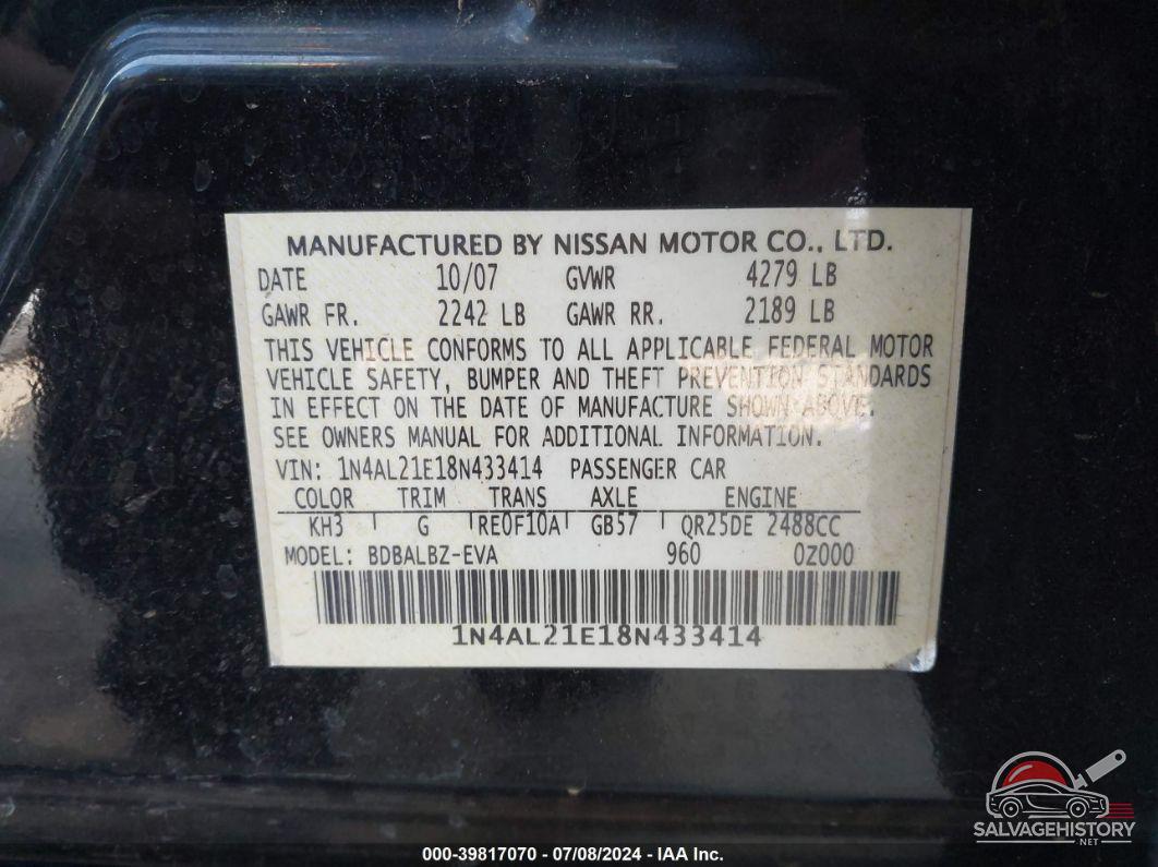 1N4AL21E18N433414 2008 NISSAN ALTIMA photo no. 9
