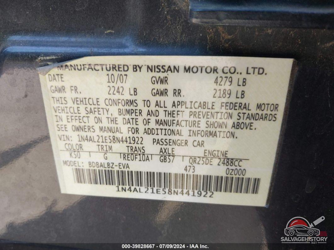 1N4AL21E58N441922 2008 NISSAN ALTIMA photo no. 9