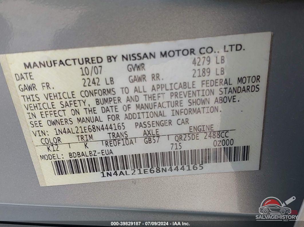 1N4AL21E68N444165 2008 NISSAN ALTIMA photo no. 9