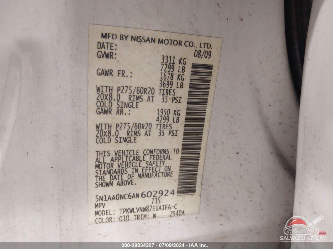 5N1AA0NC6AN602924 2010 NISSAN ARMADA photo no. 9
