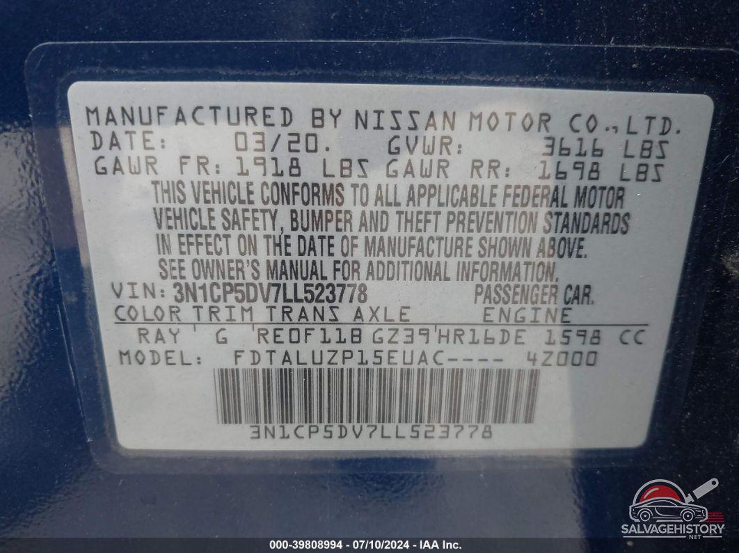 3N1CP5DV7LL523778 2020 NISSAN KICKS photo no. 9