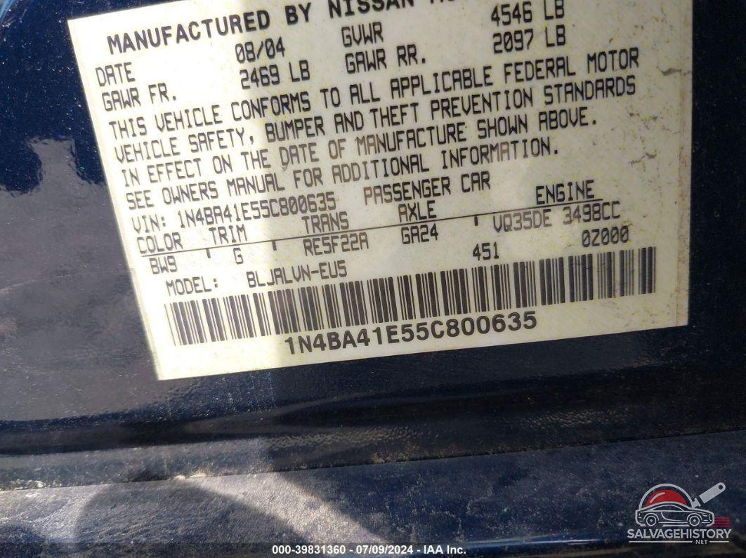1N4BA41E55C800635 2005 NISSAN MAXIMA photo no. 9