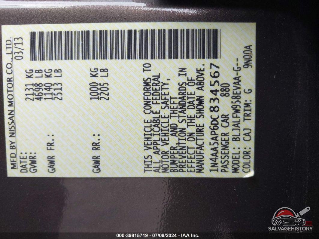 1N4AA5AP6DC834567 2013 NISSAN MAXIMA photo no. 9