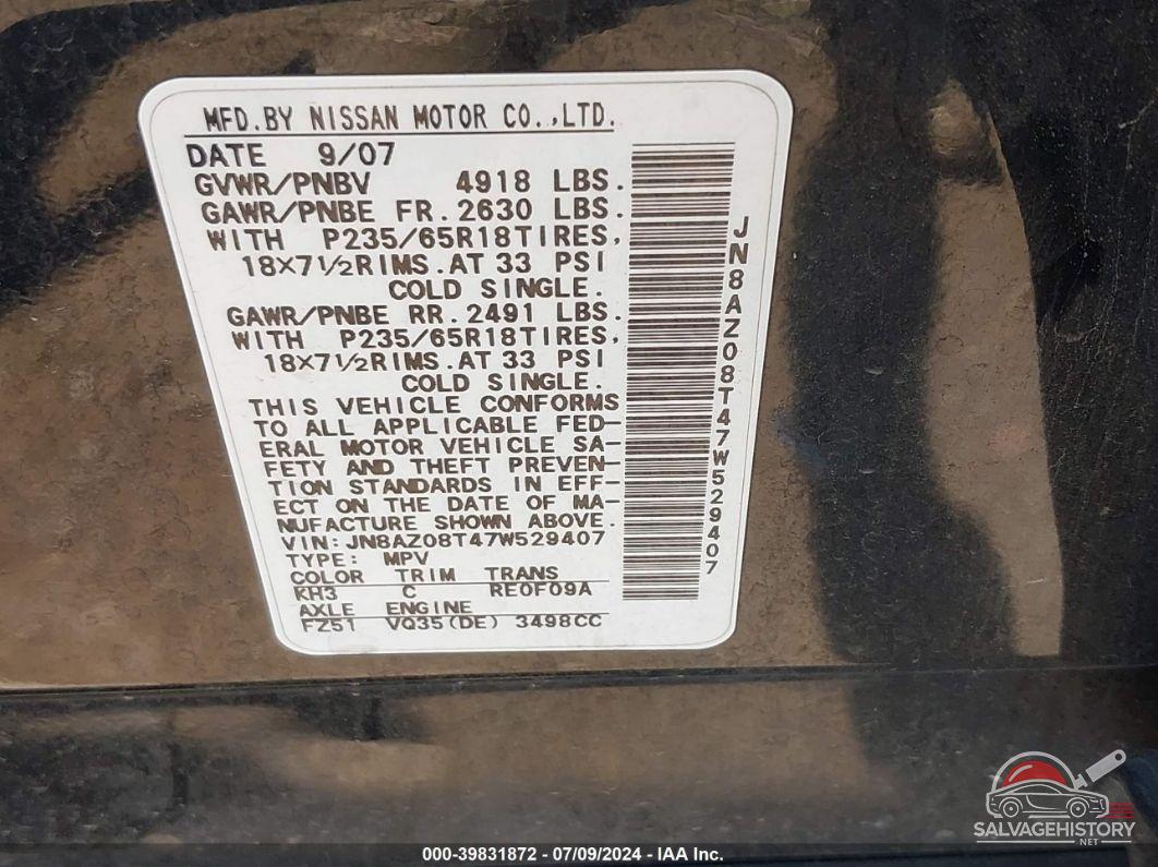 JN8AZ08T47W529407 2007 NISSAN MURANO photo no. 9