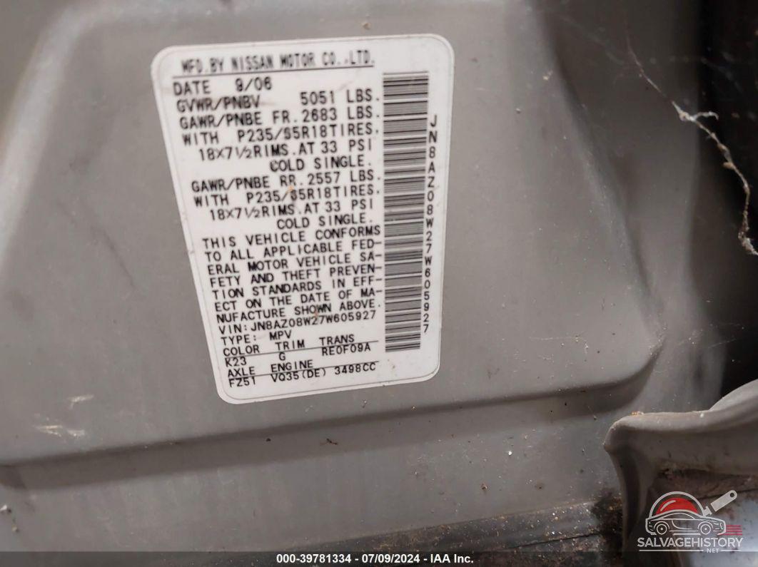JN8AZ08W27W605927 2007 NISSAN MURANO photo no. 7