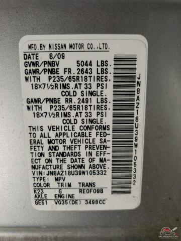 JN8AZ18U39W105332 2009 NISSAN MURANO photo no. 13